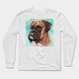 Painting of a Brown Coated Boxer Dog Looking Serious on Light Turquoise Background Long Sleeve T-Shirt